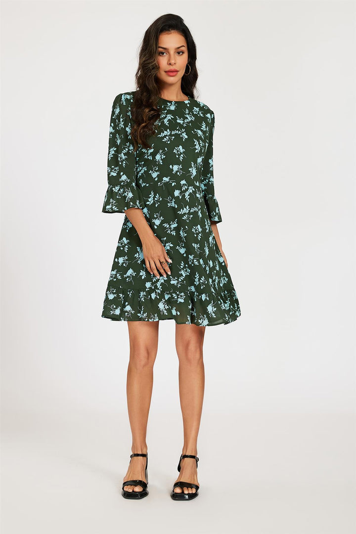 Floral Print Frill Detail Mini Dress In Green – FS Collection (London)