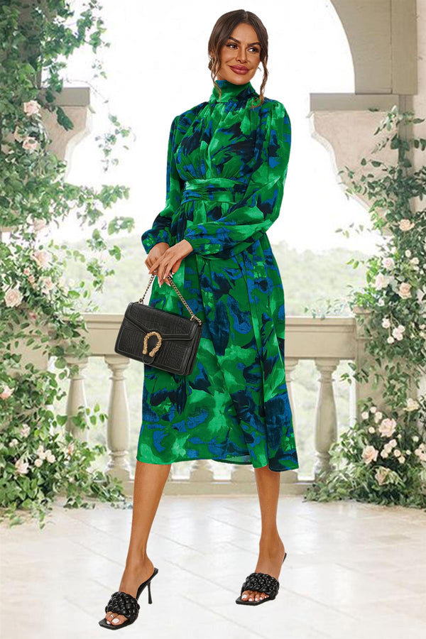 Abstract Floral Print Long Sleeve Midi Dress In Green