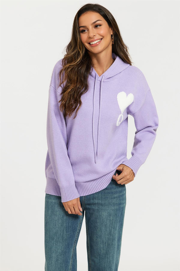 Heart & Q Pattern Knitted Hoodie In Purple