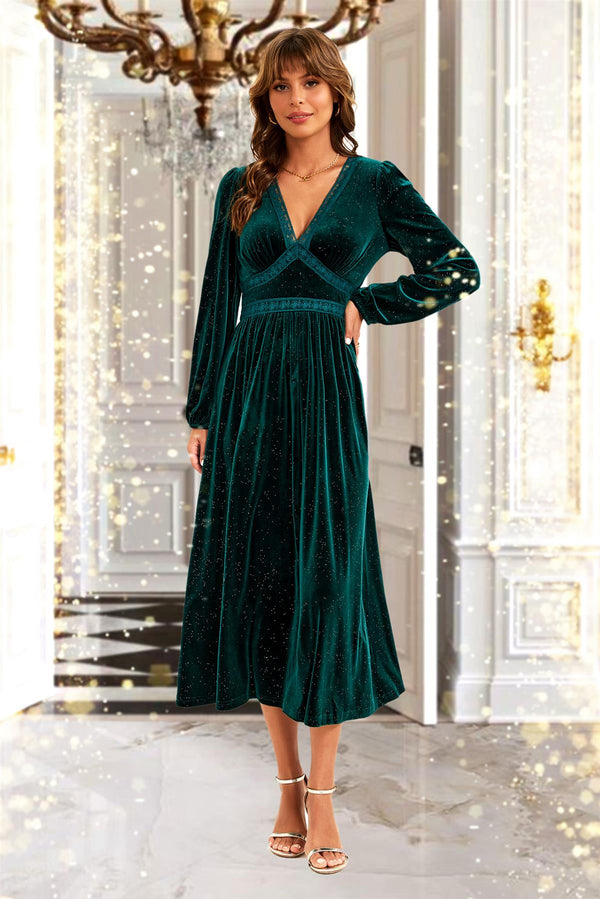 Silver Foil Velvet Lace Trim Neckline Midi Dress In Green