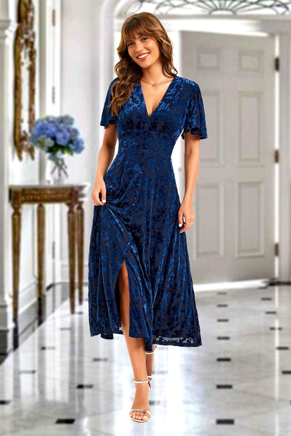 Floral Velvet Devore V neckline Dress In Navy