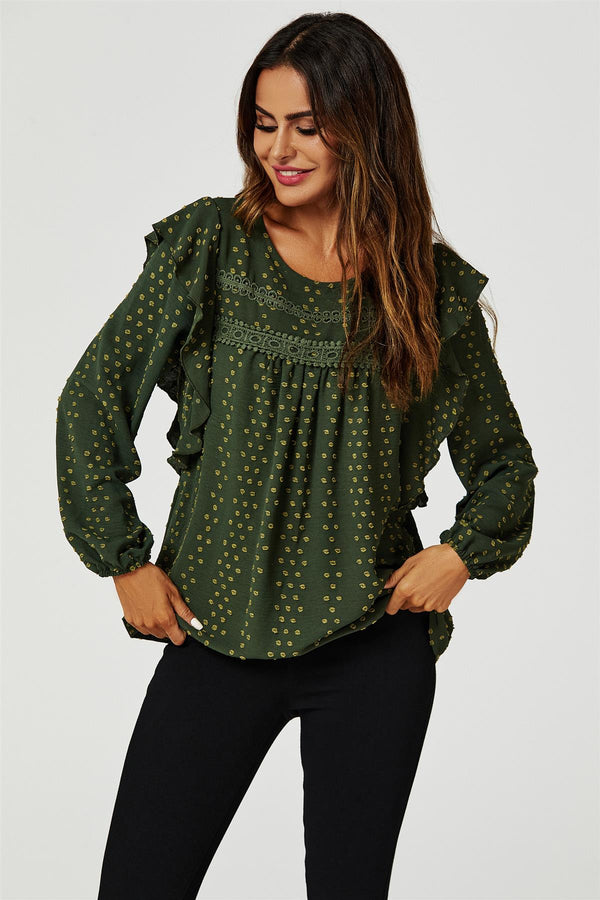 Ruffle Lace Detail long sleeve Blouse Top In Khaki