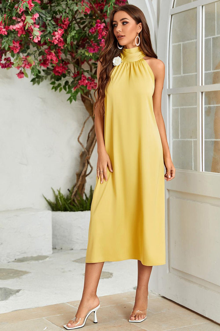 Satin Halter Neck Tie Back Midi Dress In Yellow FS Collection (London)