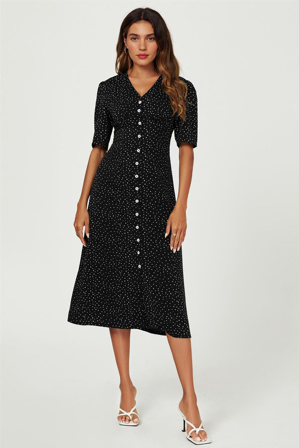 Dot Print Button Front Midi Dress In Black