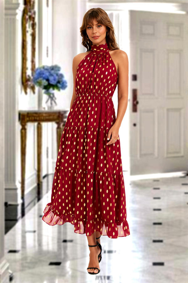 Gold Foil Halter Neck Tie Back Midi Dress In Wine