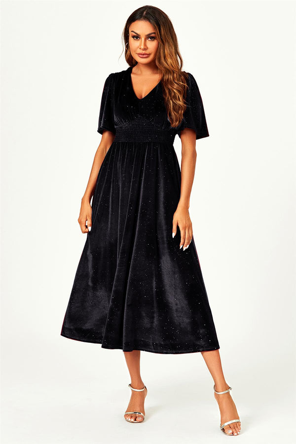 V Neck Velvet Midi Dress In Black