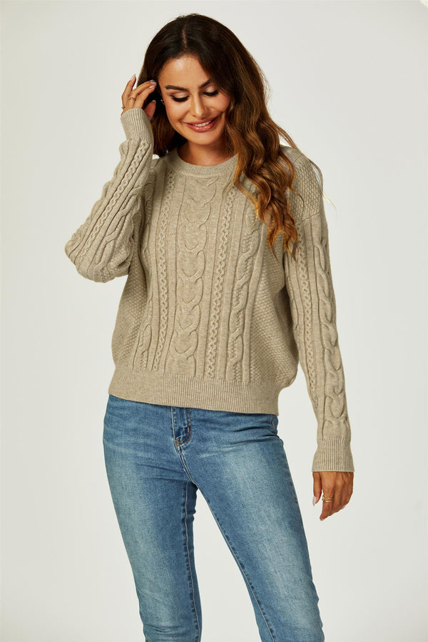 Zopfmuster-Pullover mit Rundhalsausschnitt in Taupe