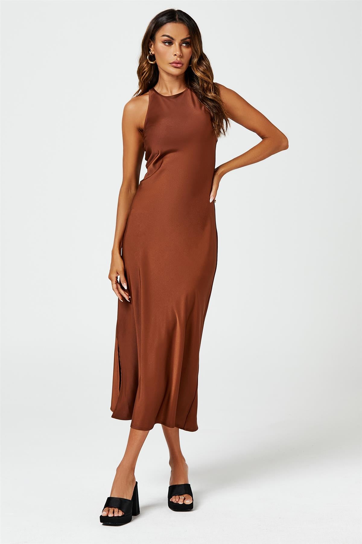 princess polly baby blue dress Slim-Fit Satin Midi Dress In Brown – FS Collection (London)