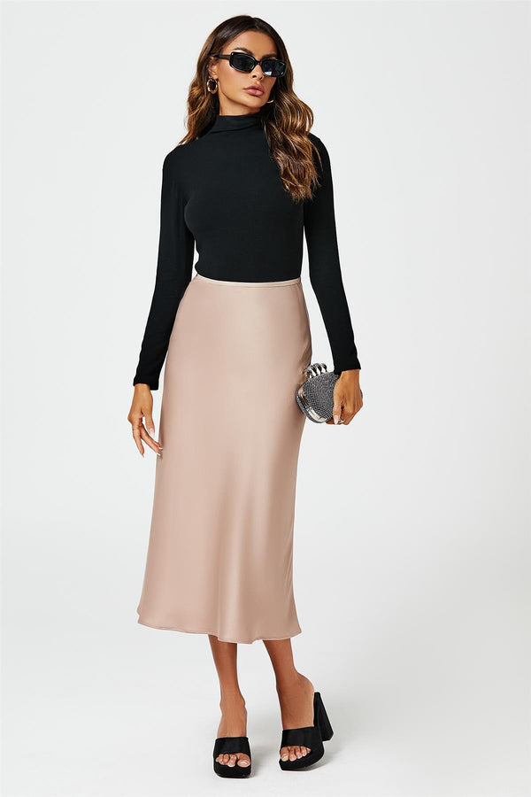 Satin Midi Skirt In Light Brown