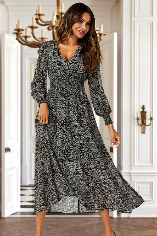 Leopard Print Long Sleeve Maxi Dress In Grey