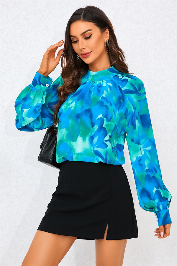 Abstract Floral Print Halter Neck Blouse Top In Blue