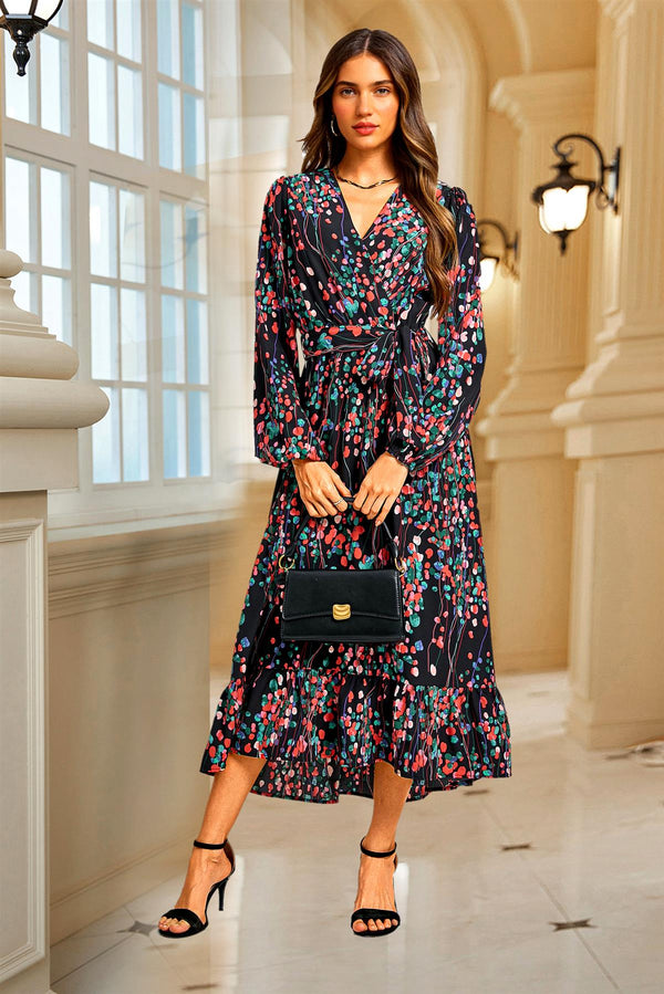 Abstract Floral Print Long Sleeve V Neck Wrap Top Midi Dress In Black