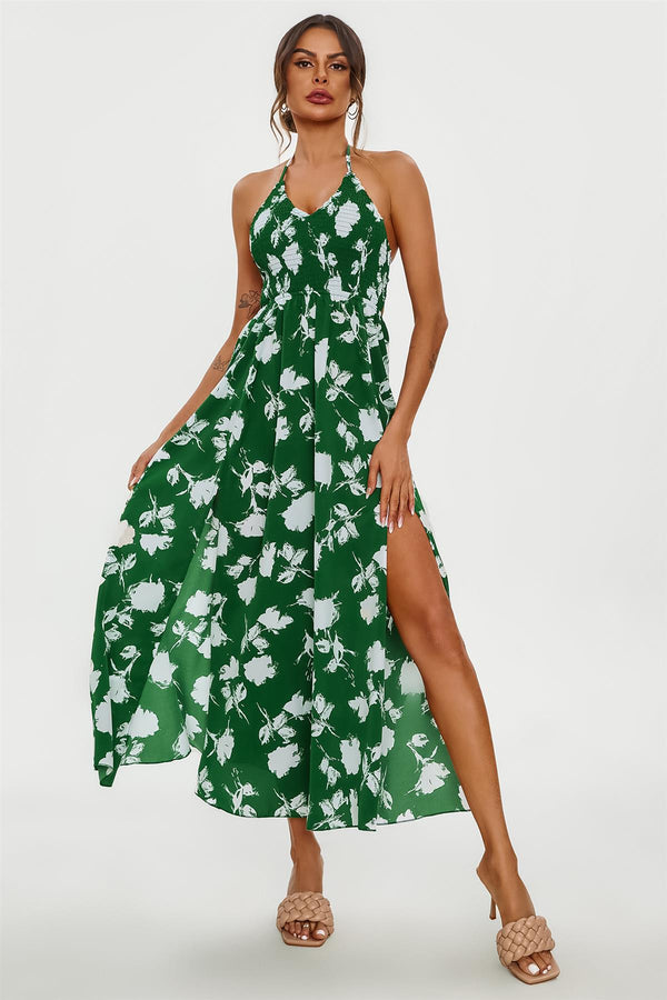 Floral Print Tie Halterneck Back Detail Maxi Dress In Green