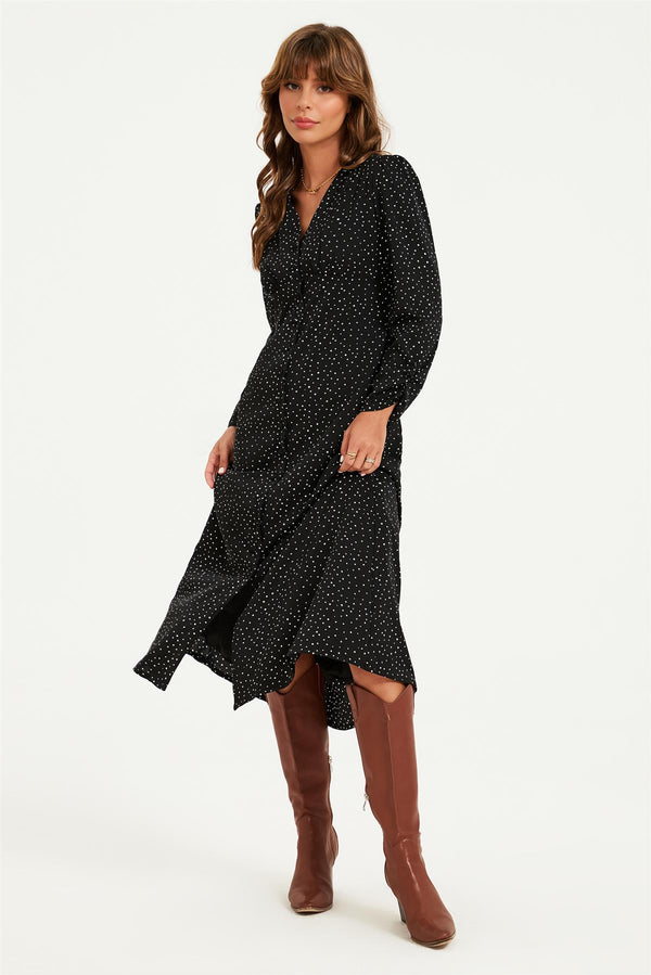 Dot Print Long Sleeve Button Front Midi Dress In Black