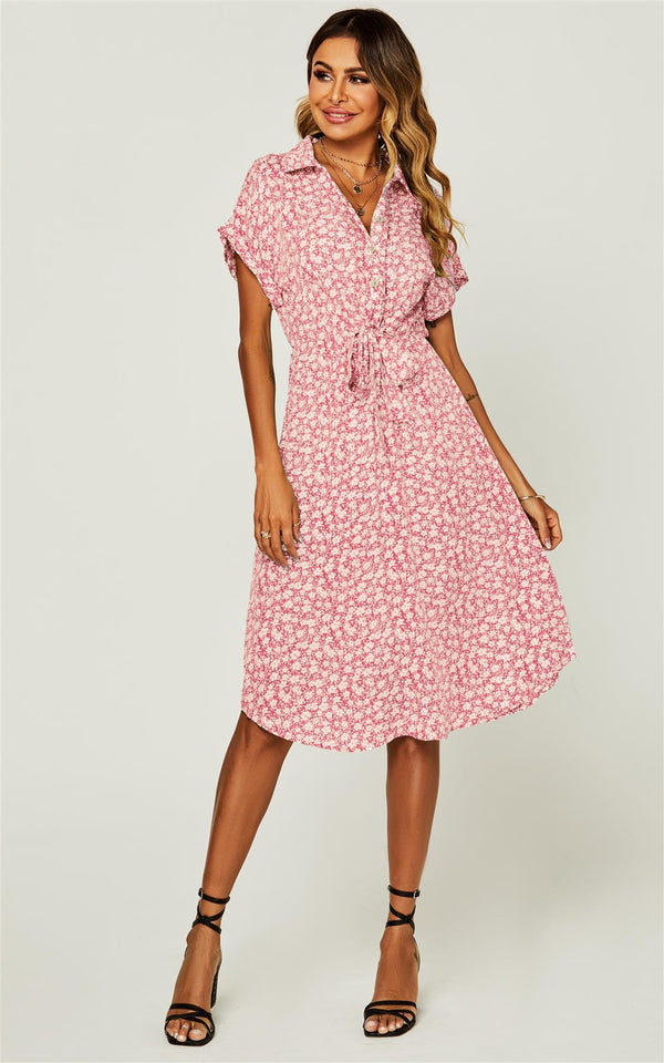 Relaxed Floral Print Button Down Midi Shirt Dress In Pink