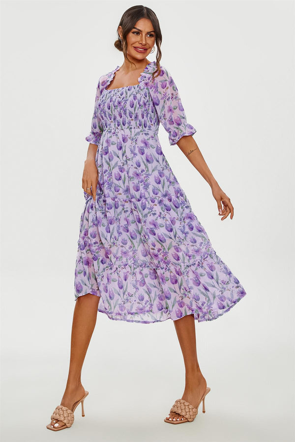 Floral Print Bardot Puff Sleeve Elasticated Detail Midi Dress In Purple
