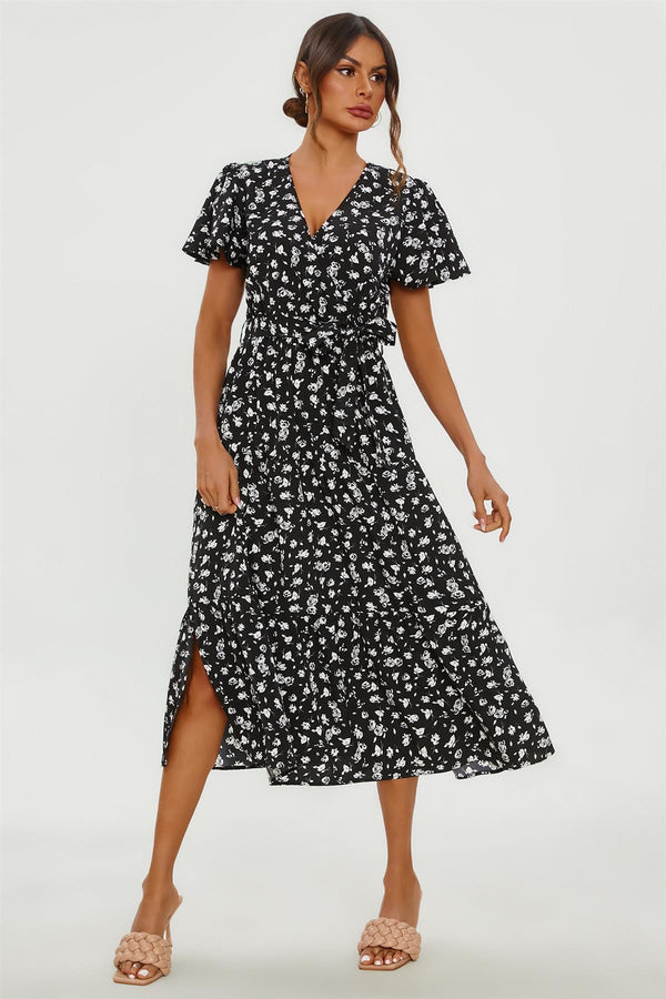 White Floral Print Hem Tiered Wrap Midi Dress In Black