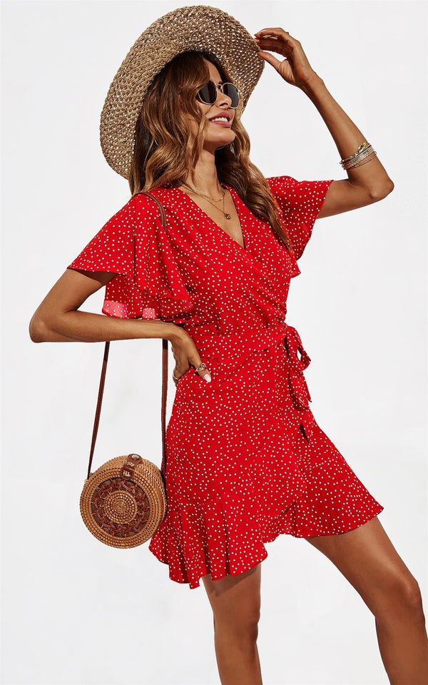 Dot Print Wrap Top Dress In Red