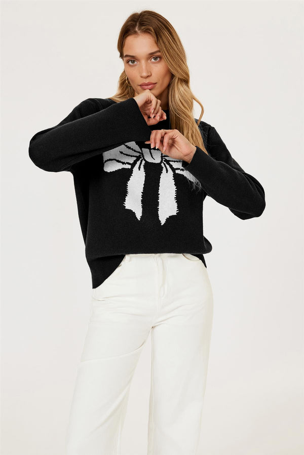 Bowknot Pattern Knit Jumper Top In Black