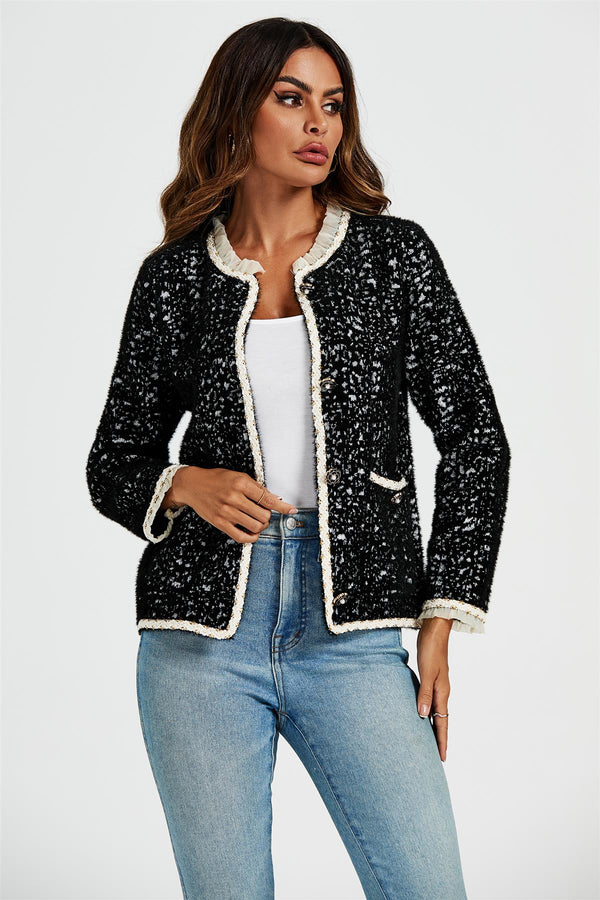 Lace Trim Boucle Jacket In Black