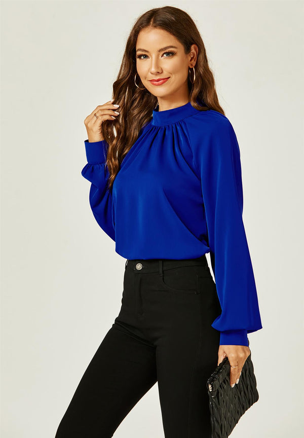 Halter Neck Long Sleeve Blouse Top In Royal Blue