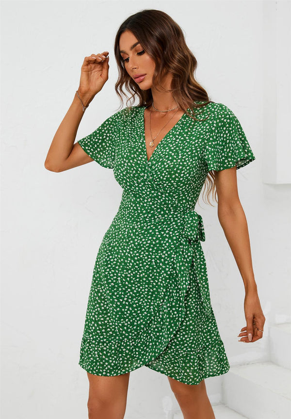 Floral Print Mini Wrap Dress In Green