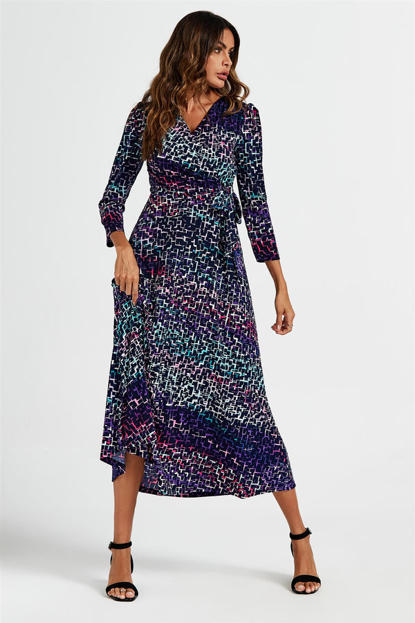 Geometric Print Wrap Top Midi Dress In Navy