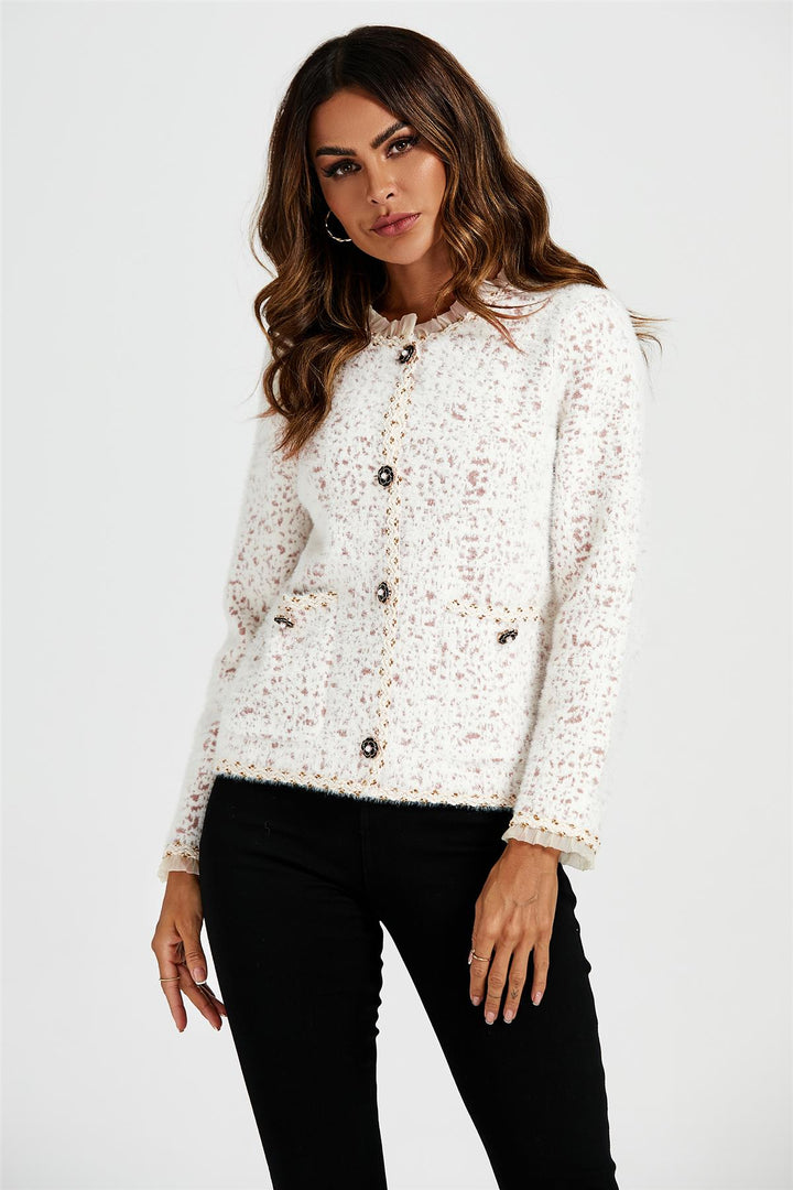 Lace Trim Boucle Jacket In Cream FS Collection (London)