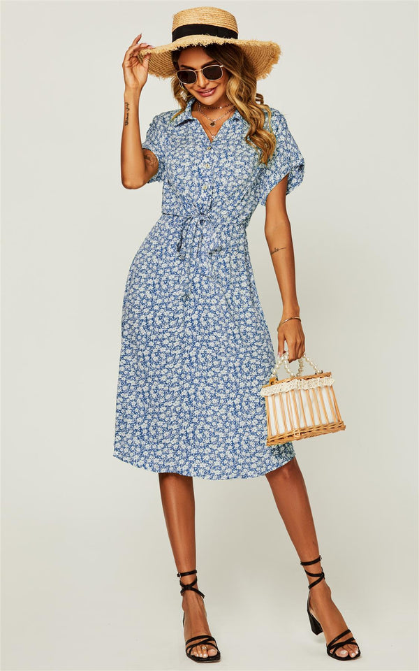 Relaxed Floral Print Button Down Midi Shirt Dress In Blue