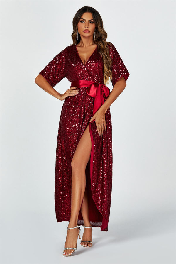 Wrap Style Sequin Maxi Dress In Wine