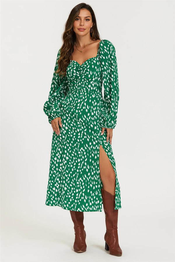 Brushstroke Print Long Sleeve Heart Neckline Midi Dress In Green