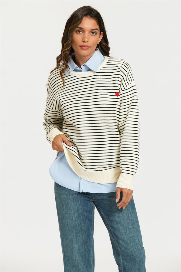 Little Heart Embroidery Stripe Pattern Jumper Top In White