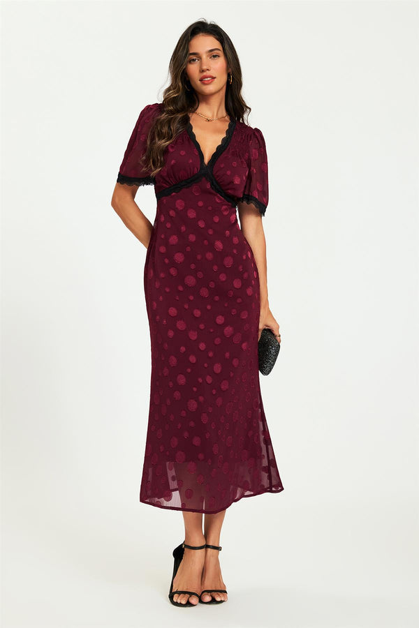 Polka Dot Jacquard Lace Trim Midi Dress In Wine