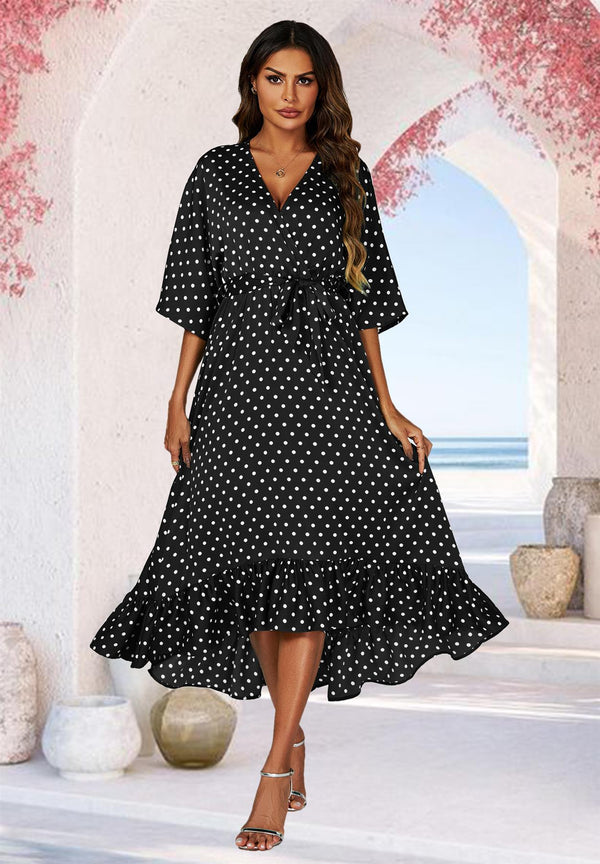 Polka Dot Print Wrap Top Kimono Sleeve Maxi Dress In Black