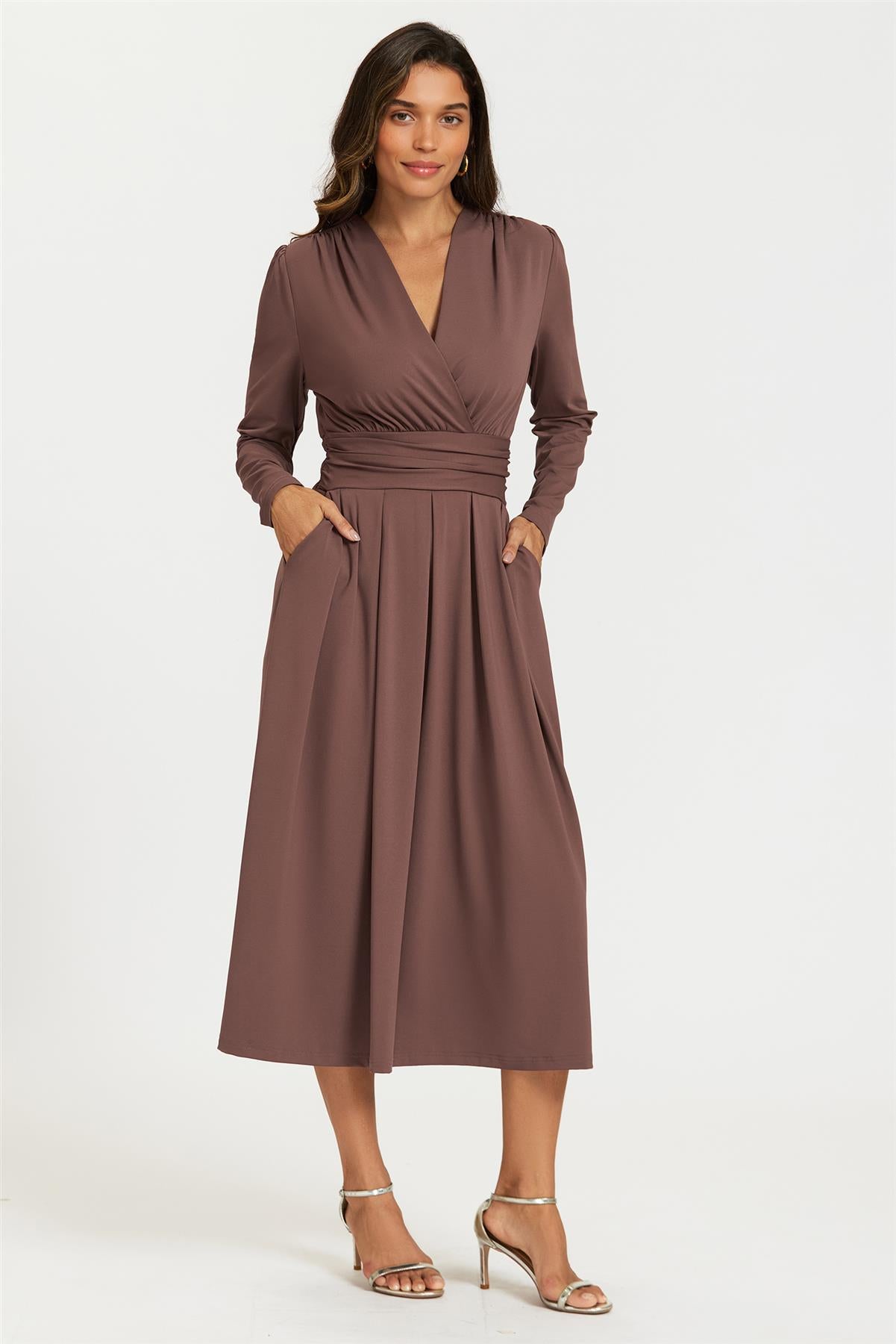 Jersey Long Sleeve Midi Dress In Brown – FS Collection (London)