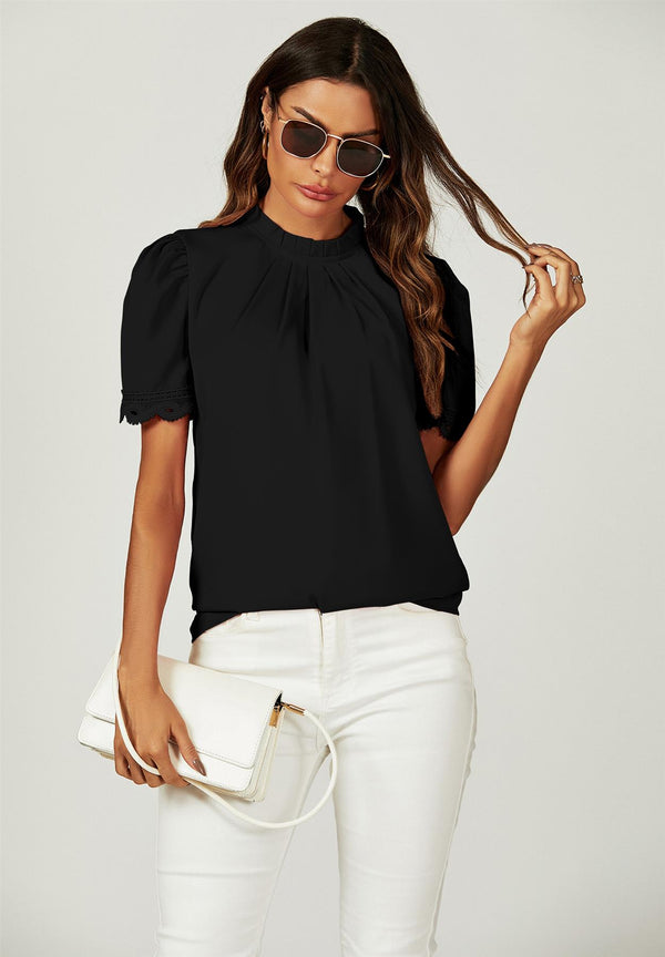 Lace Trim Detail Short Sleeve High Neck Blouse Top In Black