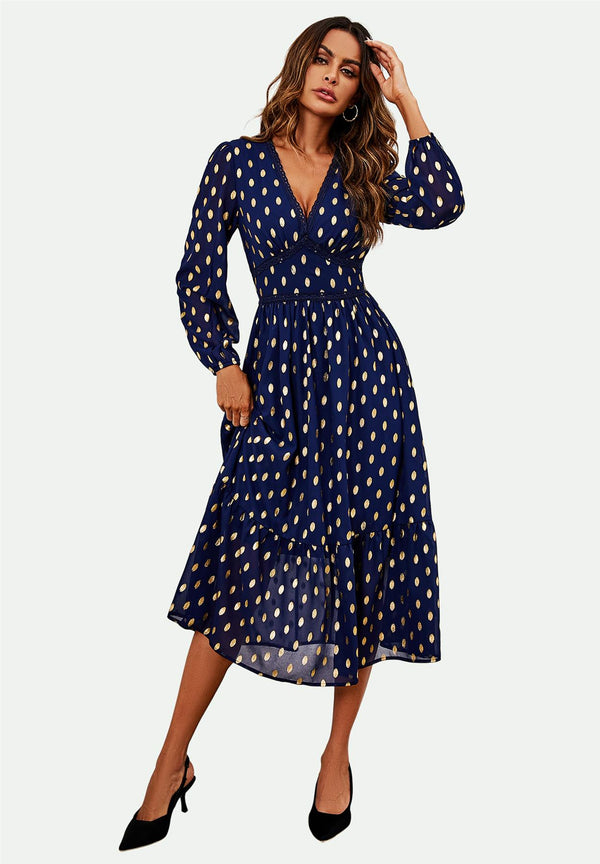 Lace Trim Foil Long Sleeve Maxi Dress In Navy