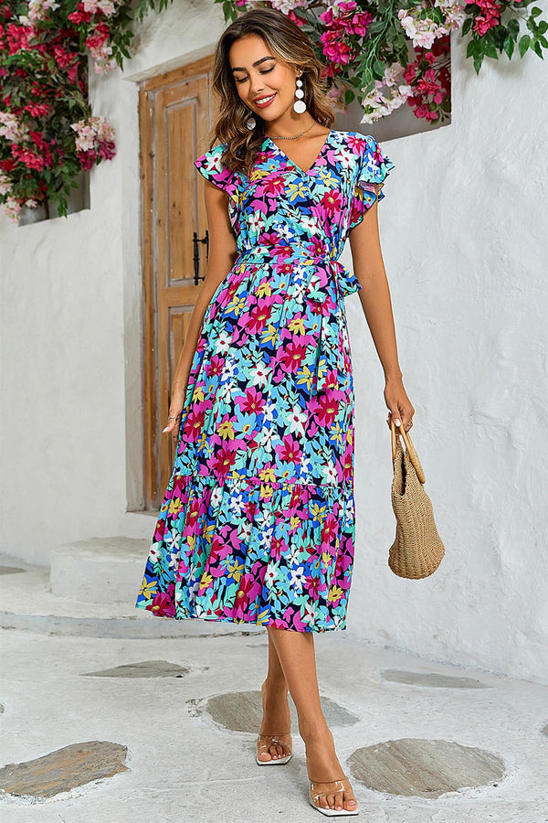 Multi Colour Floral Print Wrap Dress In Navy