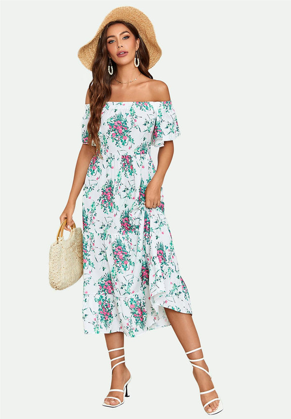 Floral Print Relaxed Bardot Midi Dress In White