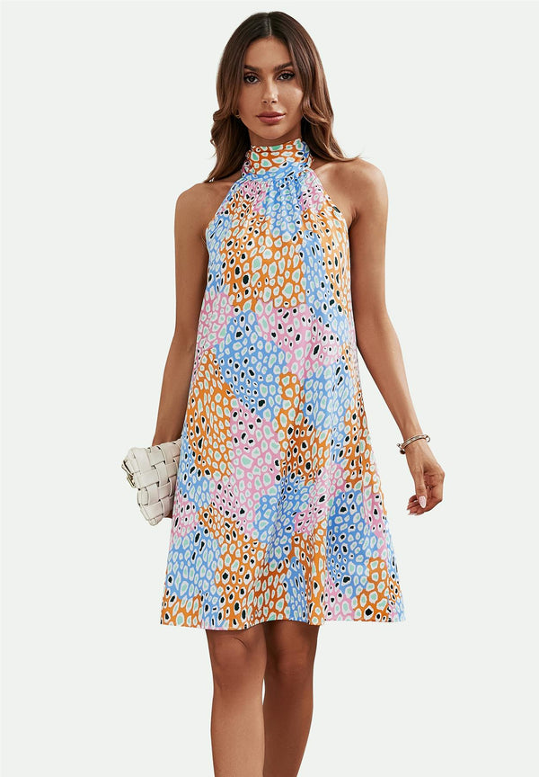 Leopard Print Halter Neck Tie Back Mini Dress In Pink & Blue & Yellow