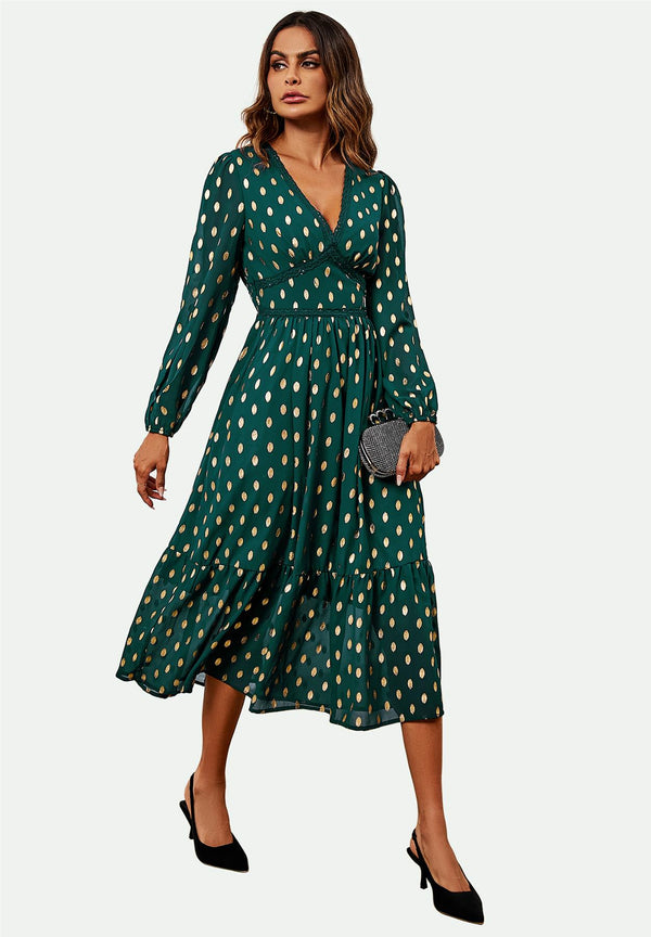 Lace Trim Foil Long Sleeve Maxi Dress In Green