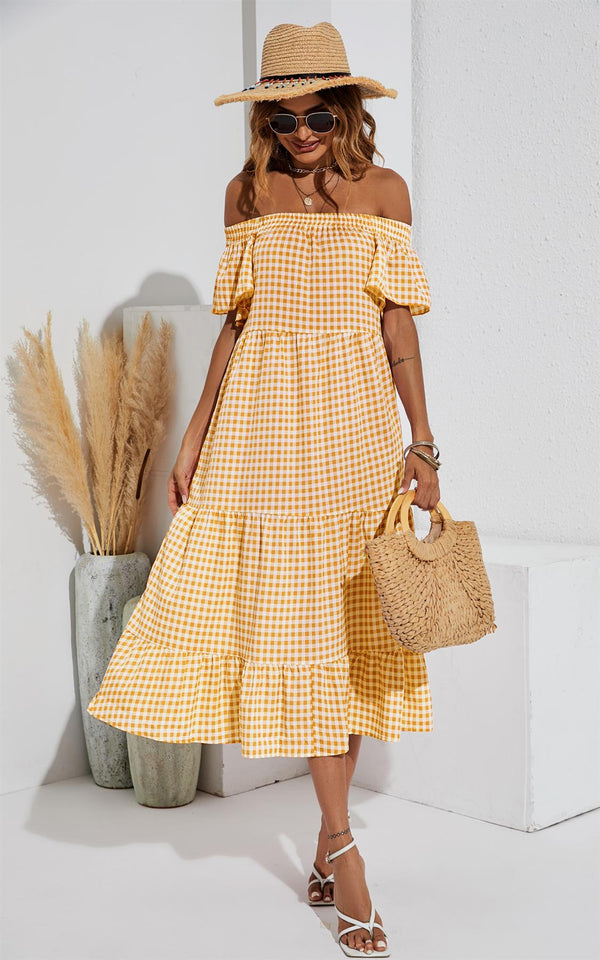 Relaxed Off Shoulder Bardot Frill Midi Dress In Yellow