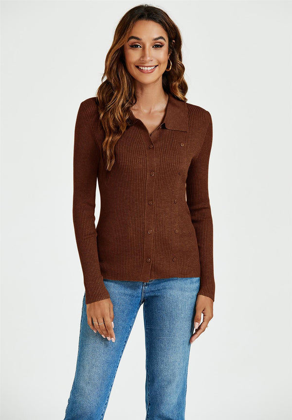 Morgan collar Double Breasted Knit Top In Brown