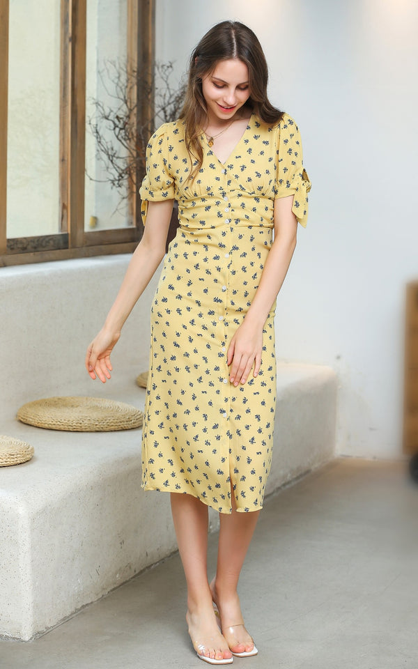 Charming Front Button Tea Dress In Yellow & lavender Print