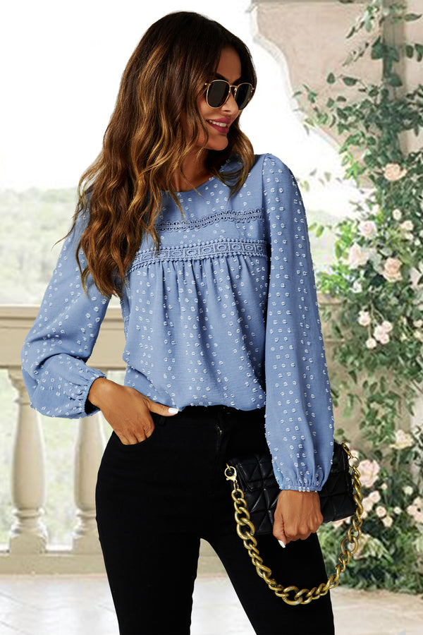 Lace Detail long sleeve Blouse Top In Blue
