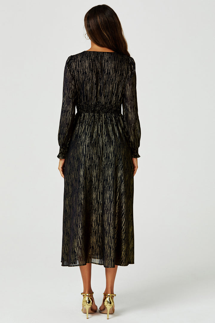 Gold Stripe Foil Long Sleeve Maxi Dress In Black – FS Collection (London)