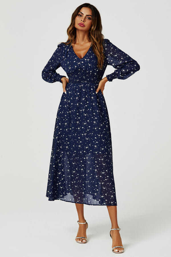 Silver Star Foil – Langärmliges Maxikleid in Marine 