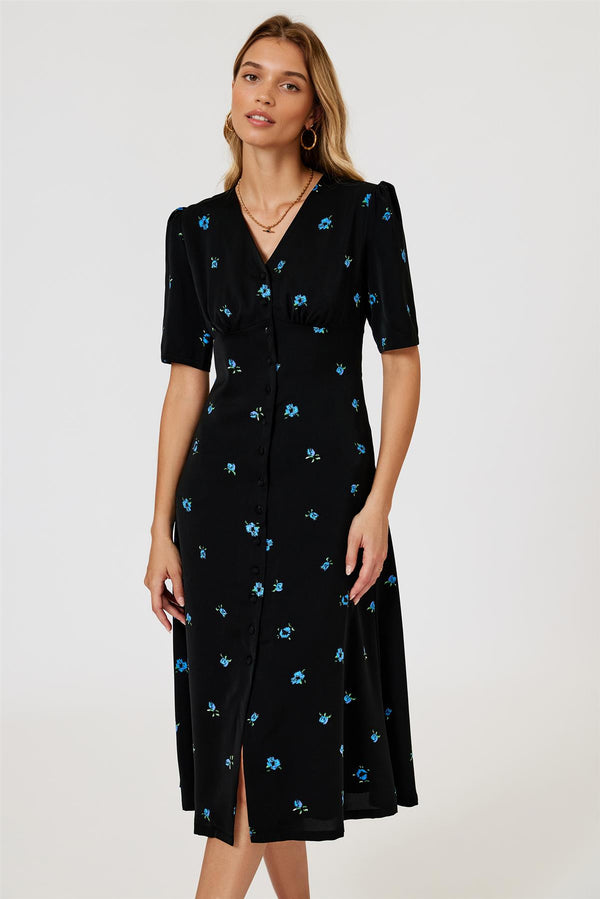 Blue Floral Print Button Front Midi Dress In Black