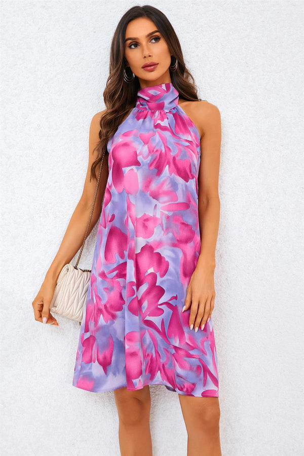 Abstract Floral Print Halter Neck Tie Back Mini Dress In Pink