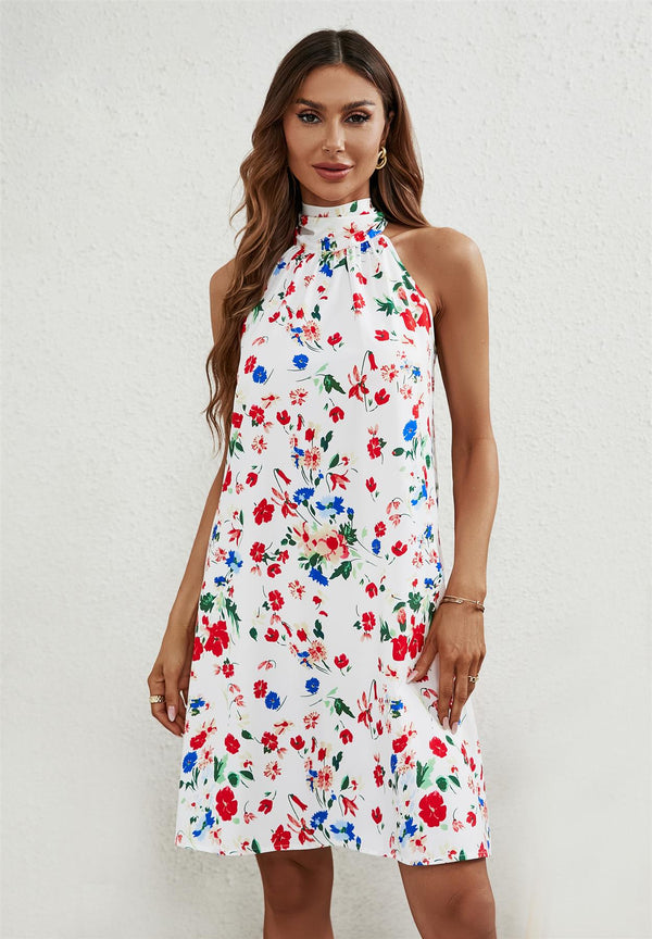 Floral Print Halter Neck Tie Back Mini Dress In White